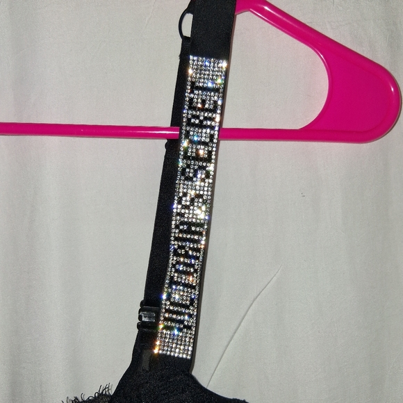VS 32C  Logo Bling Shine Strap Wicked Black Unlined Bra Floral Lace Uplift Black - Picture 3 of 8
